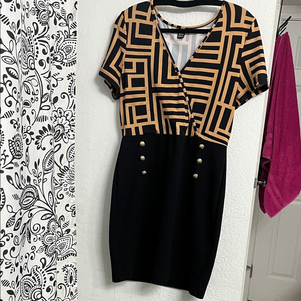 SHEIN Black and Tan Geometric Midi Dress